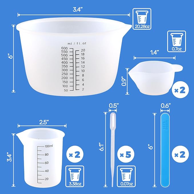 LET'S RESIN Silicone Mixing Cups, 600 ml and 100 ml, 2 Scales | Thick Non-Stick Silicone Cups Feature Two Measurement Scales and Include a Stirring Stick for Easy Resin Mixing and Cleanup