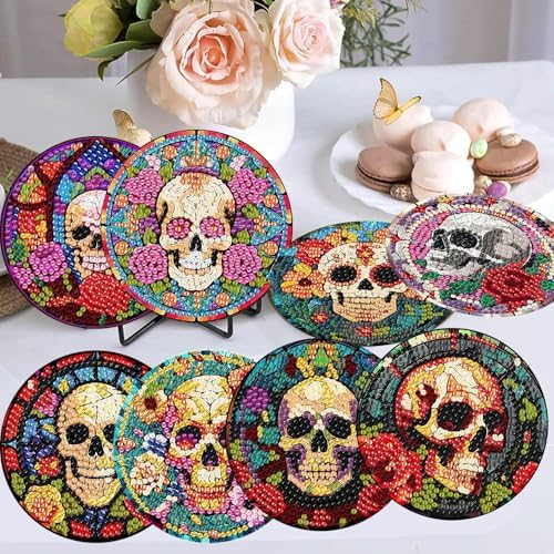 Diamond Art Coasters Kit, 8 Pieces Skull Diamond Painting Coasters Kit