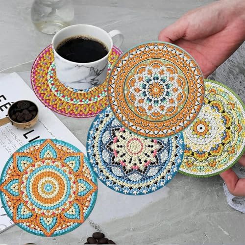 ijbnhd 8 Pack Mandala Diamond Art Coasters Kits 4x4 inch (Cork Wooden Pad)