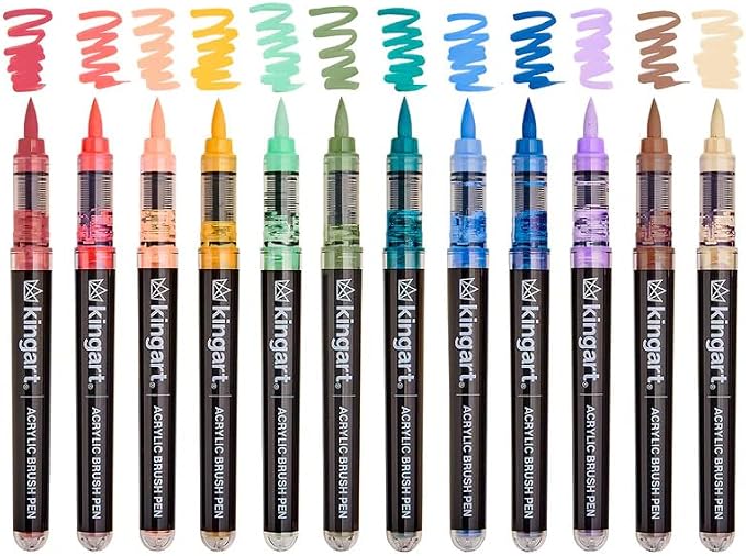 KINGART Acrylic Paint Markers Brush Tip, 12 Vintage Colors. Water-based, no-bleed, waterproof pens with automatic ink control for rock, egg, wood, fabric, glass & DIY crafts