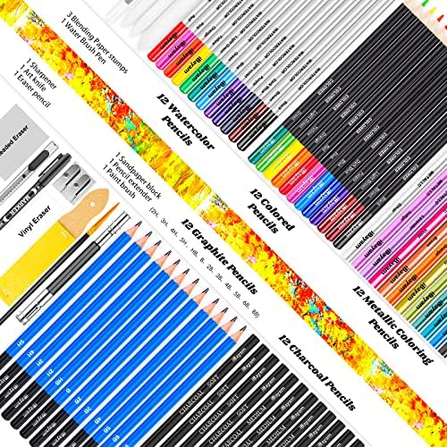 iBayam Art Sketching Drawing Supplies, 3-Color Sketchbook & Coloring Book | 78-pc Professionals art kit, graphite, charcoal, watercolor & metallic pencils, Non-toxic, zip case, Adults Kids Teen Girls
