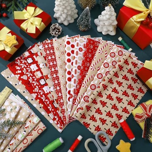 HunnmingRe 20 Pcs 10''x10'' Christmas Hot Cocoa Quilting Fabric Square Santa Snowflake Precut Quilted Fabric Bundle Candy Cane Snowman Printed Sewing Material for Winter Patchwork DIY Craft Supplies