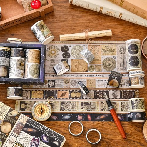 18 Rolls Vintage Washi Tape Pack Retro Arts Adhesive Tapes Wide Monologue Decorative Masking Tape Sets for Craft, Kids, Scrapbook, DIY, Gift Wrapping (Universe Milky Way)