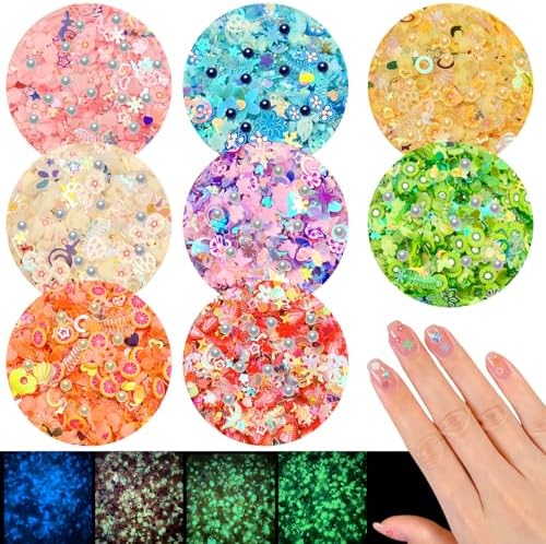 8 Colors Luminous Clay Slices Charms, VEINARDYL 3D Nail Art Slices Fruit Flower Butterfly Themed Glow in The Dark with Imitation Pearl Sequins for DIY Crafts Resin Slime Making Cellphone Decor