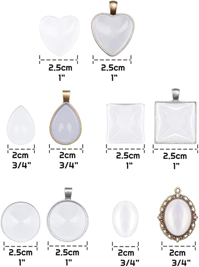 Anezus 60Pcs Pendant Trays, Bezel Pendant Trays Blanks with Glass Cabochons for Pendants Making and Jewelry Making, 5 Styles