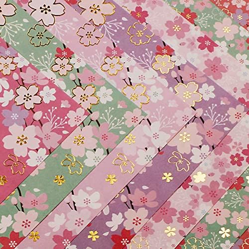 112 Sheets Heavier Origami Paper Japanese Cherry Blossom Pattern Sakura Bronzing Chiyogami 6" 15cm Washi Easy Fold Paper for Beginner