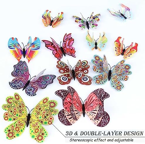 OPSEAM 3D Butterfly Wall Decor Butterfly Decorations Stickers with Magnets | 24 PCS Circl,12 Styles Double Layer Butterfly for Classroom Decoration,Locker Refrigerator, Reusable,Waterproof