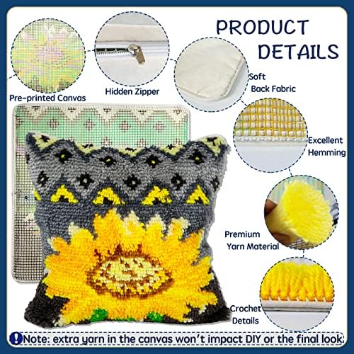 YP Latch Hook Kits for Kids and Adults DIY Throw Pillow for Home Decoration Sunflower Cover Cushion Cover Hand Craft Crochet for Festival Gift,17" X 17"