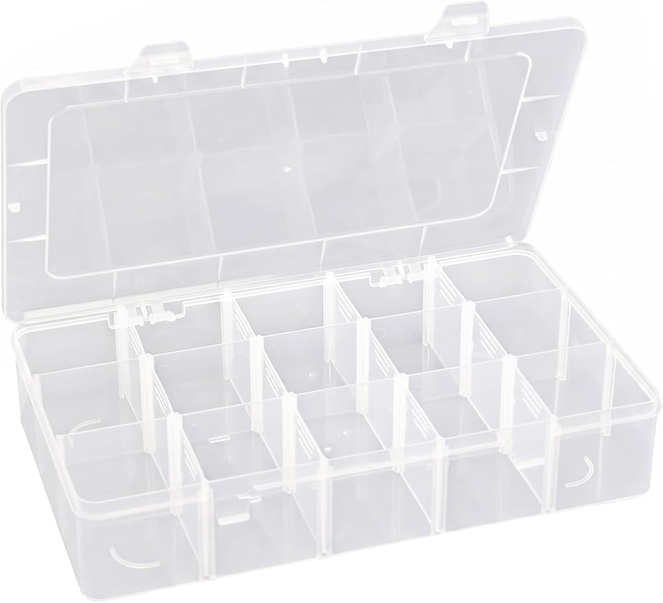 Hlotmeky Plastic Organizer Box with Dividers Bead Organizer 15 Large Grids Tackle box Organizer Clear Snackle Box Container