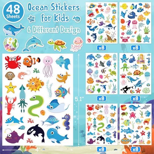 LINAYE 48 Sheets Ocean Stickers for Kids, 1040 Pcs Waterproof Under The Sea Fish Animal Stickers Ocean Under The Sea Party Favors Decorations Crafts for Kids