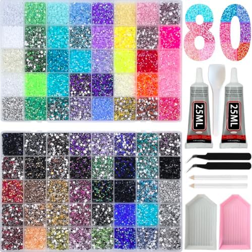 80 Colors 74000Pcs 3mm Bedazzling Kit, 50ml B7000 Glue&Tools for DIY