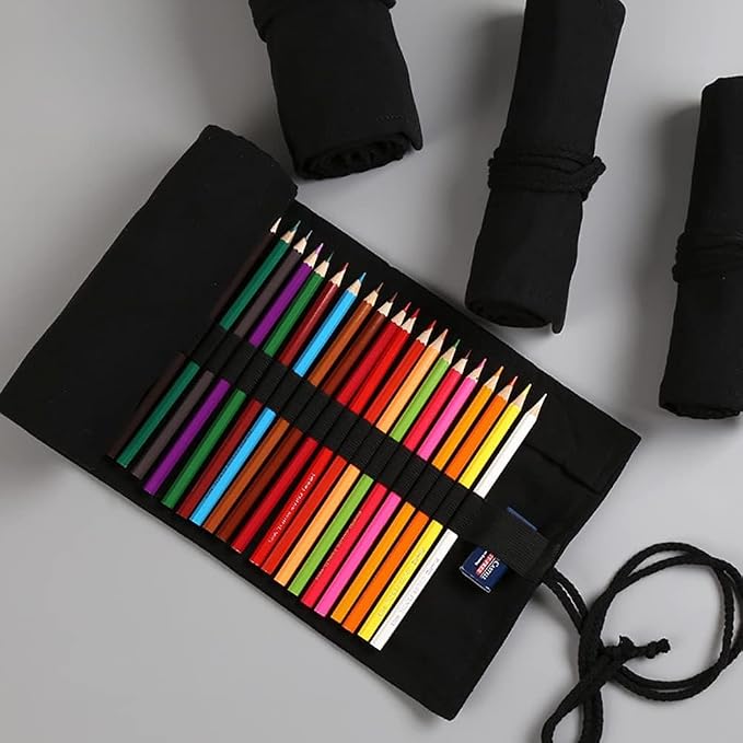 DIYOMR 12/24/36/72 Slots Pencil Wrap Pencil Rolls, Artist Colored Pencil Roll Up Bag Short Brush Pouch Case Pencils Organizer for Drawing Coloring and Sketching, No Pencils (Black, 12slots), PCD1098