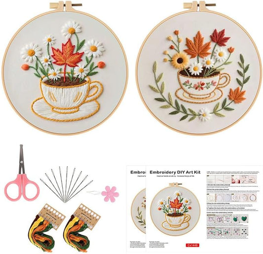 Konrisa Flower Cup Embroidery Kits for Adults,Creative Floral Embroidery Starter Kit DIY Sewing Practice with Hoop,Needlepoint Cross Stitch Kit, Set of 2