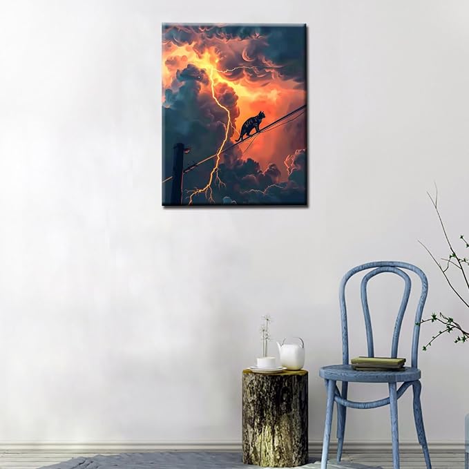 DIY Paint by Numbers for Adults Cat Walk on the Electric Wire DIY Digital Oil Painting Acrylic Paint Cloud Layer Lightning Painting Kits Wall Art Fantasy Scene Room Decor 16x20 Inch（DIY Frame ）