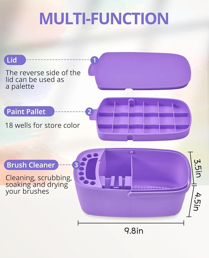 GAMENOTE Paint Brush Cleaner, Paint Brush Holder and Palette, Purple | All-in-one painting station washes and rests brushes, mixes colors, and stores paint in 18 wells with a portable handle.
