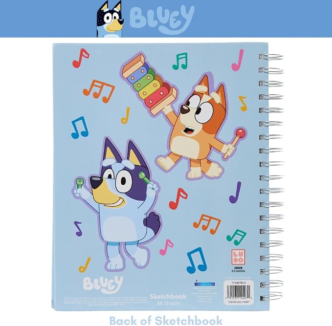 Bluey Sketchbook for Kids with Washable Markers, 86 Blank Pages Spiral Bound, Light Blue