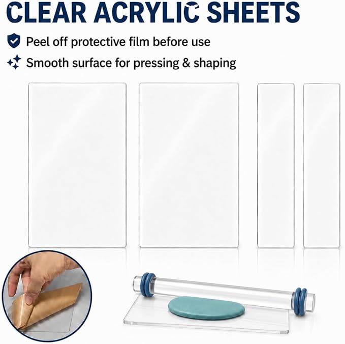 DIYOOHOMY 16pcs Polymer Clay Tools kit, Rolling Pin with Thickness Rings | Air Dry Clay Sculpting Supplies, Small Clear Craft Acrylic Roller, Tissue Blades Cutters Knife, Press Board, Texture Needle