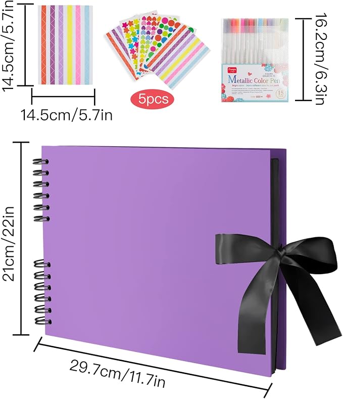 EVNEED Scrapbook Photo Album DIY Scrap Book Black Pages for Wedding Guest Book Anniversary Valentines Day Gifts with 15 Marker Paint Pens,80 Pages,Purple (40 Sheets)
