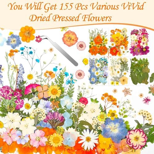 Evatage 155 Pcs Real Dried Pressed Flowers and Leaves for Resin Crafts