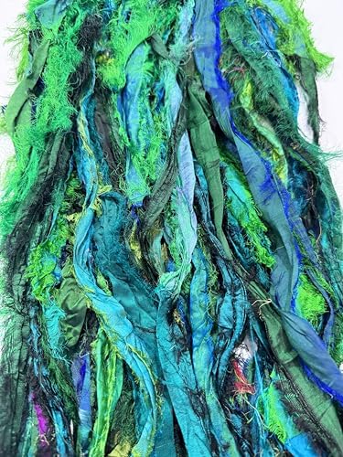 Maker's Craft Recycled Fuzzy Fringes Sari Silk Ribbon Yarn 35yards, 100Grams for DIY Knitting Crocheting Gift Wrapping, Christmas Decoration, Macrame Makers, Jewelry Making, Rugs Hooking (Green)