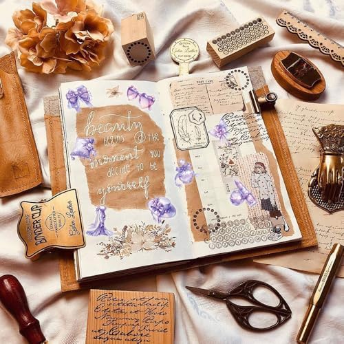 50Pcs Vintage Stickers,Waterproof Transparent PET Aesthetic Decorative Scrapbooking Supplies for Adult Card Making Letters Planner Journaling Junk Journal DIY Water Bottles Art Craft.Purple Flower
