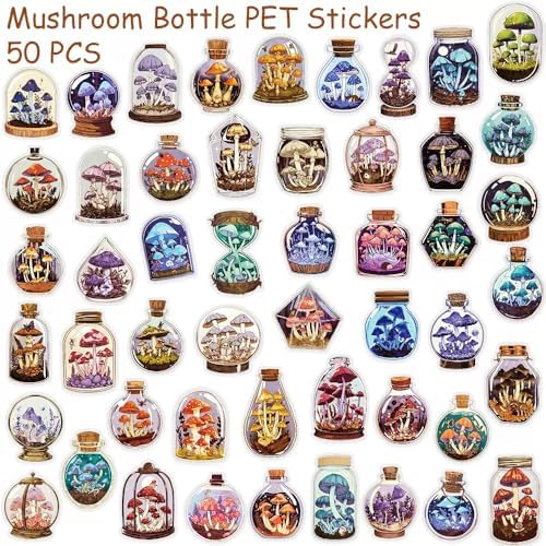 50pcs PET Vinyl Stickers Scrapbook, Self-Adhesive Waterproof Vinyl Sticker for Laptops, Aesthetic Decor Journal Stickers Planner Accessories for Luggage, Water Bottles.Mushroom Bottle