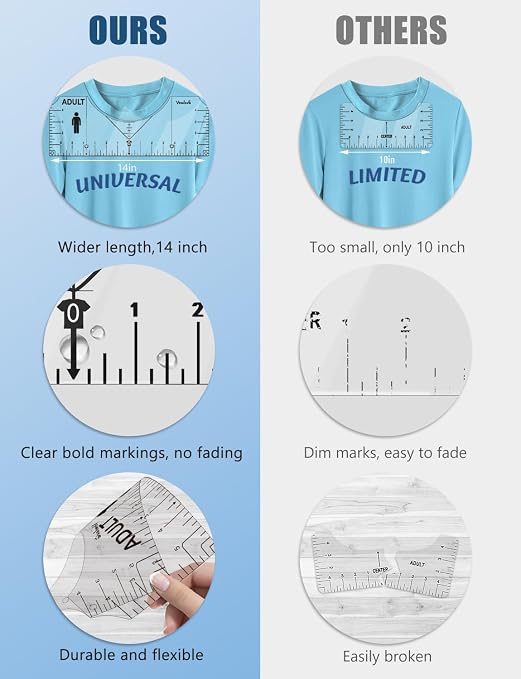 Vowlove T-Shirt Ruler for Precise Vinyl Alignment, Heat Press Guide Tool | Center & Left Chest Placement with Visual Size Icons for Cricut, Iron-on Vinyl, HTV, DTF, Sublimation Projects
