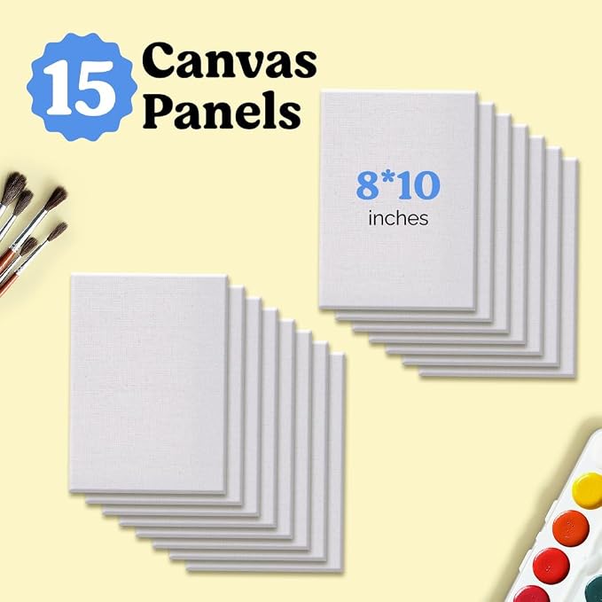 Chalkola 8x10 Canvas for Painting - 15 Small Blank Canvases for Painting | 100% Cotton, Primed, Acid-Free Panels - Flat 8 x 10 Canvas Board, Art Paint Supplies for Acrylic, Oil, Watercolor Painting