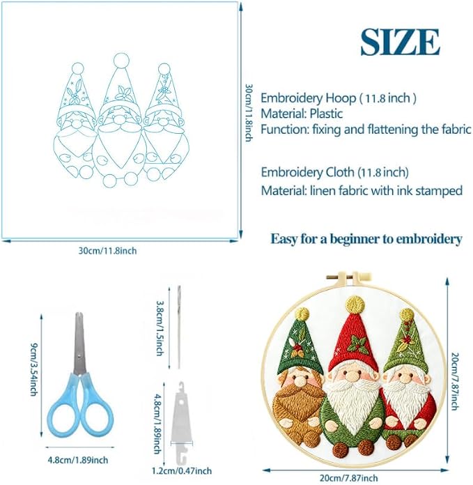 Zhenqing Christmas Gnome Embroidery Kit for Beginners, 3 Gnomes Needlework Kit with Pre-Printed Cotton Fabric, Hoop, Threads & Tools (C0028)