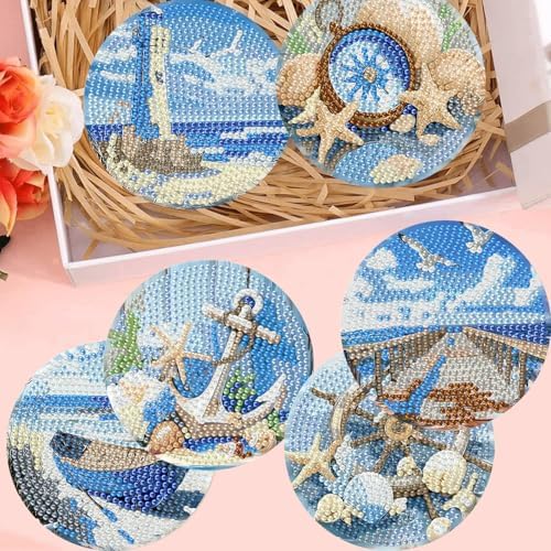 8 Pack Beach Diamond Art Coasters,Seaside Diamond Painting Coasters Kits