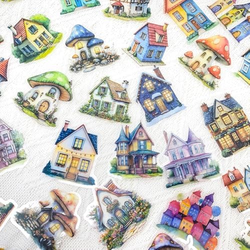 50PCS Fairy Tale Cottage Stickers – Waterproof Clear Stickers of Whimsical Fantasy Houses, Mushroom Homes & Vintage Storybook Buildings for Scrapbooking, Journaling, Art Crafts,Water Bottle, Laptop