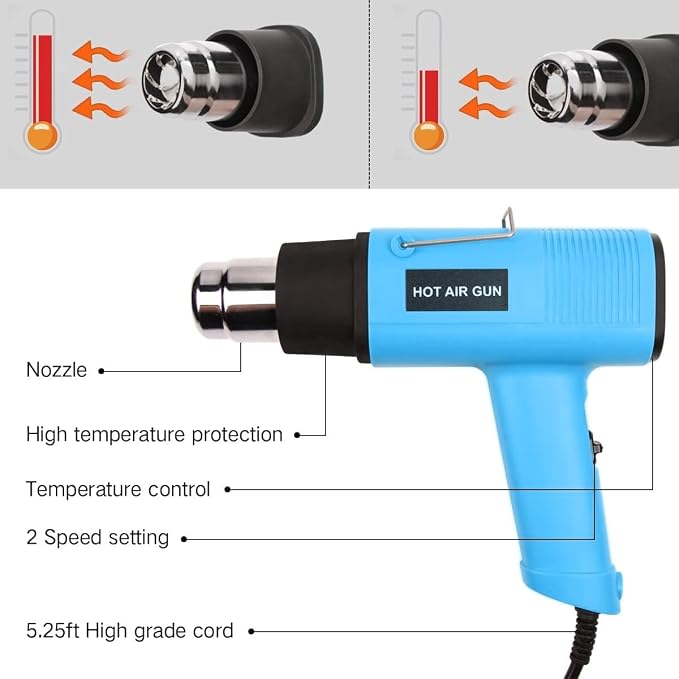 LDK Heat Gun 1200W 140℉~932℉ (60℃-500℃) Heavy Duty Hot Air Gun Kit Variable Temperature Control with 2 Temperature Settings 2 Nozzles for Crafts, Shrink Wrapping, Candle Making, Epoxy Resin