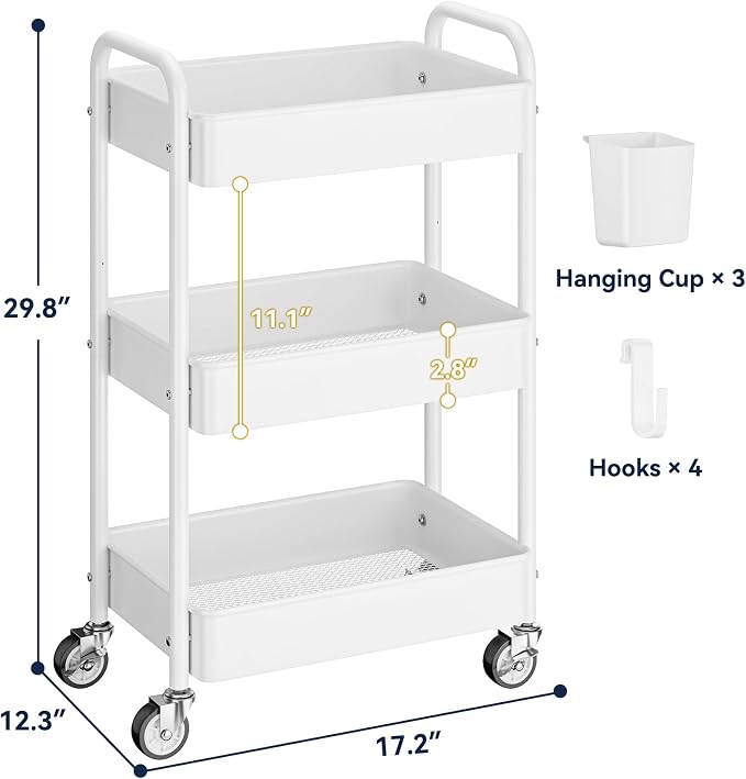 YASONIC 3 Tier Rolling Cart, Heavy Duty Metal Utility Cart with Wheel White
