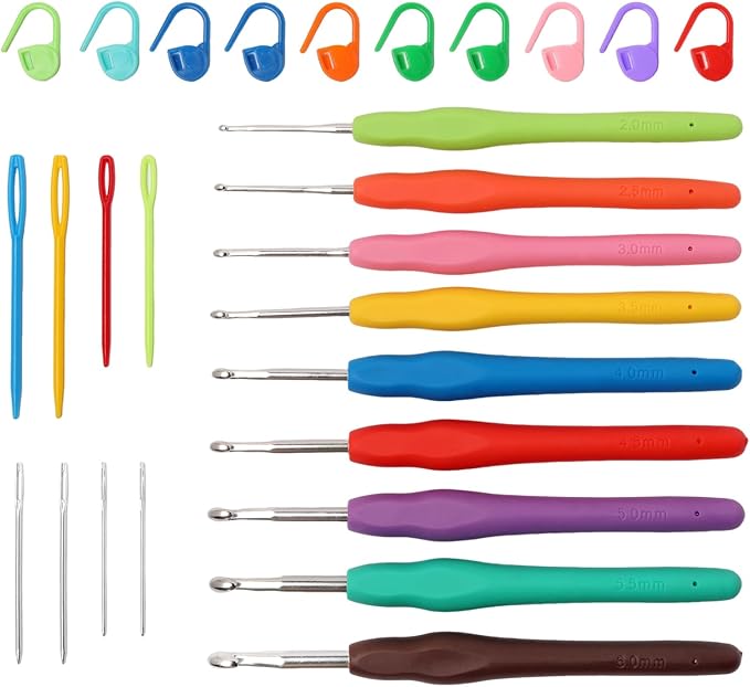 9PCS Ergonomic Crochet Hooks Set by Flickzo – Aluminum Crochet Hook Set with Soft Silicone Handles (2-6mm), Crochet Kit for Beginners with Crochet Tools & Knitting Accessories