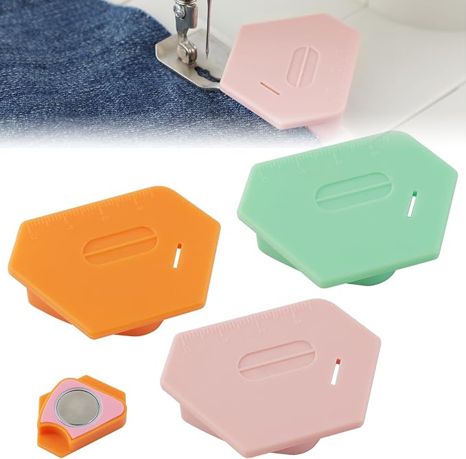 3 Pcs Magnetic Seam Guide for Sewing Machine, Polygonal Multifucntional Seam Guide Hemmer with Scale, Sewing Quilting Supplies Accessories (Pink/Green/Orange)