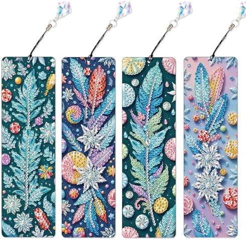 4 Pcs DIY 5D Diamond Painting Bookmark Kits, Special Shaped Acrylic Crystal Rhinestones Book Marks, Feather Diamond Art Bookmarks Crafts with Crystal Pendant, Handmade Tassel Bookmarks Gift Set