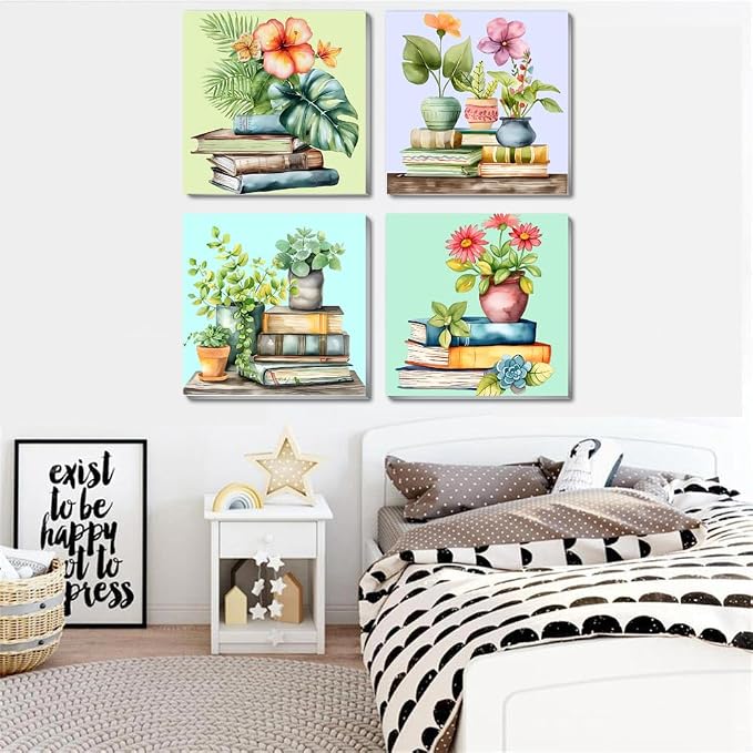 Fotasmua 4 Pack Framed Paint by Numbers for Adult, Book Paint by Numbers Kit for Adults Kids, DIY Flowers Plant Acrylic Painting on Canvas for Home Wall Art Decor 8 x 8 Inch