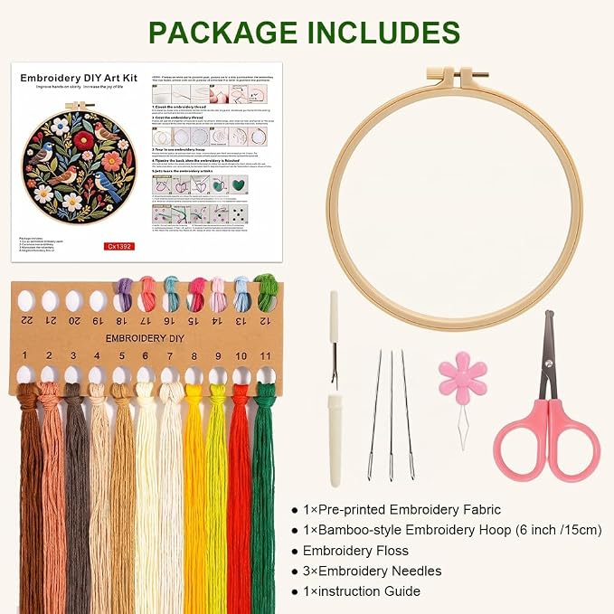 Bird Embroidery Kit for Beginners, Floral Hand Embroidery Starter Kit with 6 Inch Hoops, Pre-Printed Patterns Cloth, Needles, Threads & Accessories, DIY Embroidery Starter Kit for Women Craft Lovers