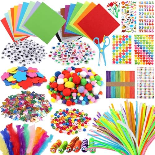 DOITEM Pipe Cleaners Craft Supplies, 1500+Pcs Arts and Crafts Supplies Including Pipe Cleaner Wiggle Googly Eyes Pom Poms Feathers Sticks Sequins Foam Flowers Papers Felt Stickers