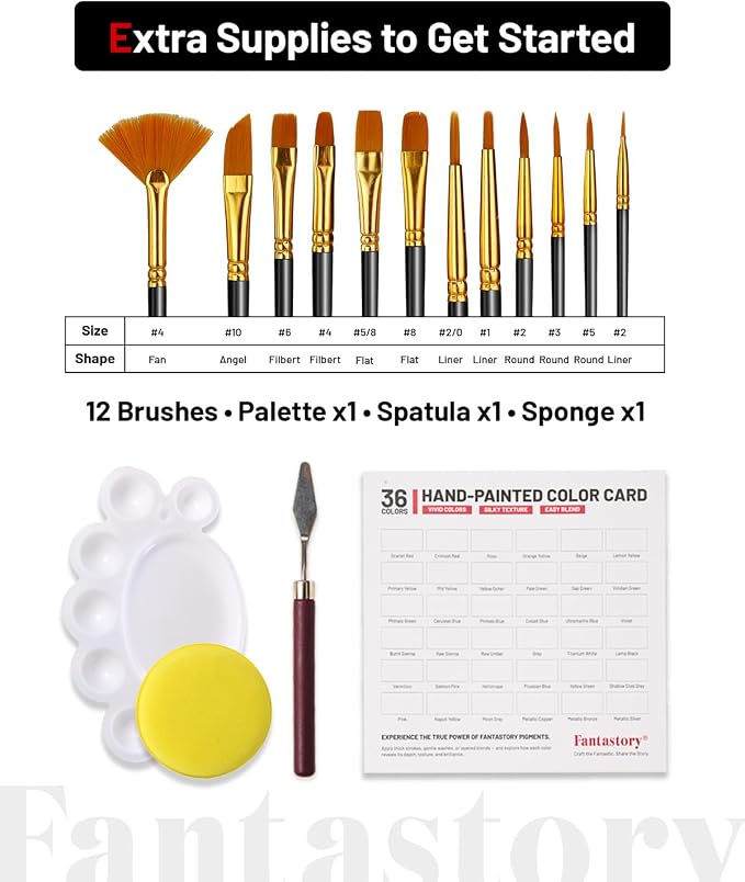 Fantastory 60ml 36 Colors Acrylic Paint Set with 12 Brushes | with 12 Brushes, Chart, Palette, Scraper, Sponge - 3 Metallic, Non-Toxic, Waterproof for Wood, Rock, Canvas, Clay, DIY, 3D