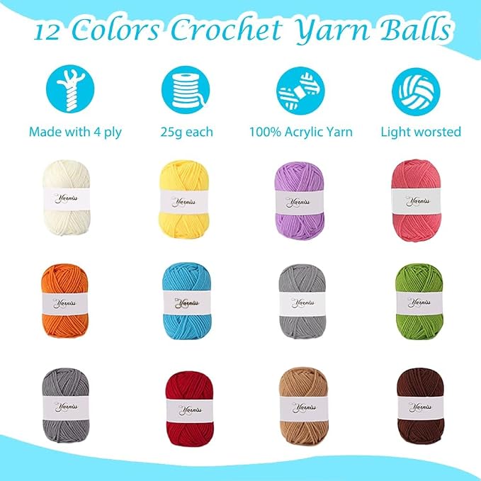 Yarniss Crochet Kits for Beginners,Learn to Crochet Set with Bag,Turquosie | 840 Yards Yarn for Crocheting with 14 Size Hooks 2.0-10.0mm,Learn to Crochet with Step by Step Video Tutorial