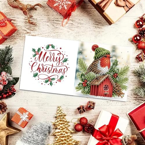 6Pcs Christmas Greeting Card DIY Diamond Art Painting Greeting Cards Blessing Folding Card Kit with White Envelopes Diamond Arts Crafts for Birthday Festival Gift-Bird02