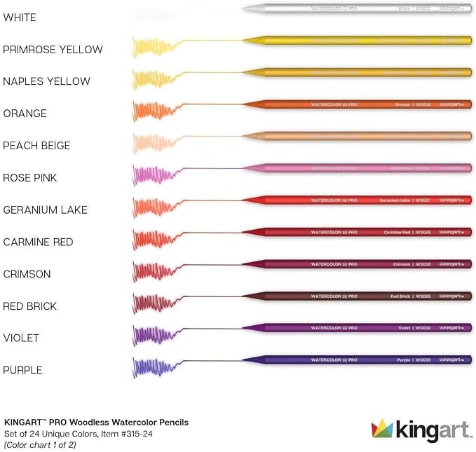KINGART 315-24 Pro Artist Quality 24 Ct. Woodless Watercolor Pencil Set, 24 Soft Core, Pre-Sharpened Crayon Style Art Pencils, Use Wet or Dry, Professional to Beginner