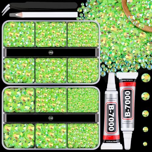 Resin Jelly Rhinestones for Crafting with B7000 Jewelry Glue, 2 Boxes Fluorescent Green AB Flatback Crystals with 2Pcs 10ml Glue, Bedazzling Non Hotfix Gems for DIY Tumblers Clothing Shoes Manicure