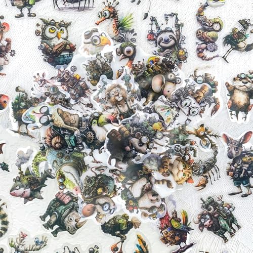 50PCS Steampunk Animal Stickers – Vintage Victorian Mechanical Creatures Waterproof Clear Stickers for Journaling, Scrapbooking, Crafts, Laptops, Art Projects