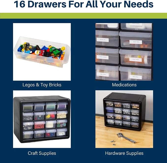 Akro-Mils 16-Drawer Plastic Storage Cabinet | 10-1/2 x 6-1/2 x 8-1/2 Inch | Black | Model 10116 | Garage Organization