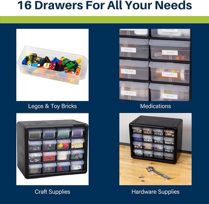 Akro-Mils 16-Drawer Plastic Drawer Storage Cabinet for Garage Organization, Beads, Makeup Organizer, Building Bricks Storage, Teacher Toolbox, 10-1/2-Inch W x 6-1/2-Inch D x 8-1/2-Inch H, 10116 White