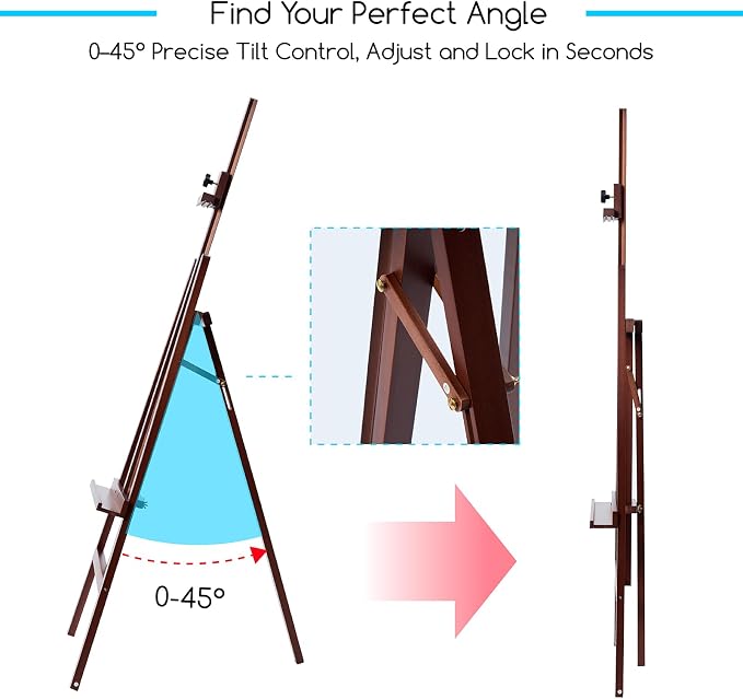 MEEDEN Art Wooden Easel Stand: Solid Beechwood, Can Hold Canvas up to 43" | Adjustable Height from 57"-76" for Studio Gallery, Multiple Angles A-Frame Easel for Adults Artists Beginners, Deep Walnut