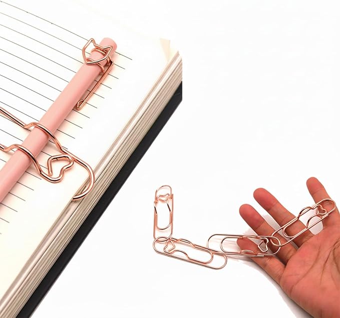 12-Pack Pen Holder Clips for Notebook, Rose Gold Heart Clips | Paper Clip Pen Holder for Notebook, Holds Pens Under 0.5 Inch Thick, Cute Office Supplies for Planners and Journals