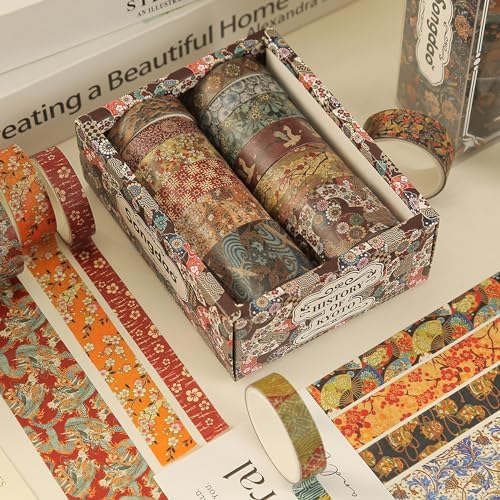 12 Rolls Kyoto Charm Washi Tape Set Japanese Arts Adhesive Tapes Geometric Garden Decorative Masking Tape Sets for Craft, Kids, Scrapbook, DIY, Gift Wrapping (Crimson Fields)